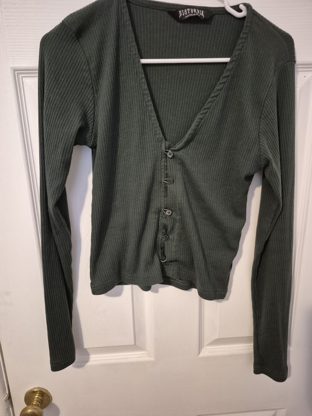 Disturbia Olive Green Ribbed Button-Up V-Neck Top